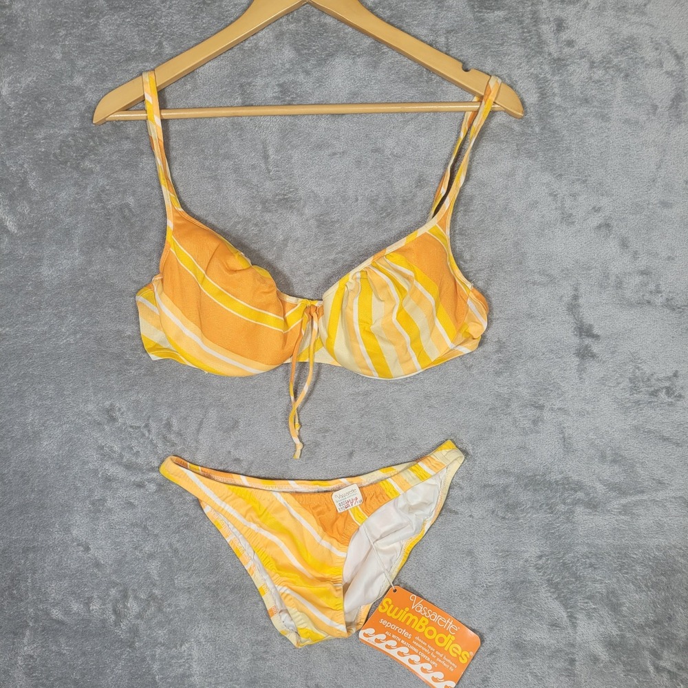 NOS Vtg Vassarette Swim Bodies Bra 36C Trunks Medium Orange Striped 2pc Set 70s